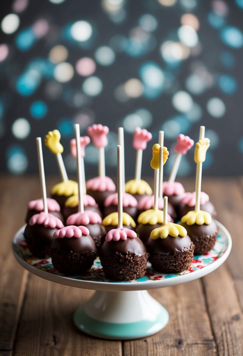 Cake pops adorned with fondant baby feet, arranged on a decorative platter