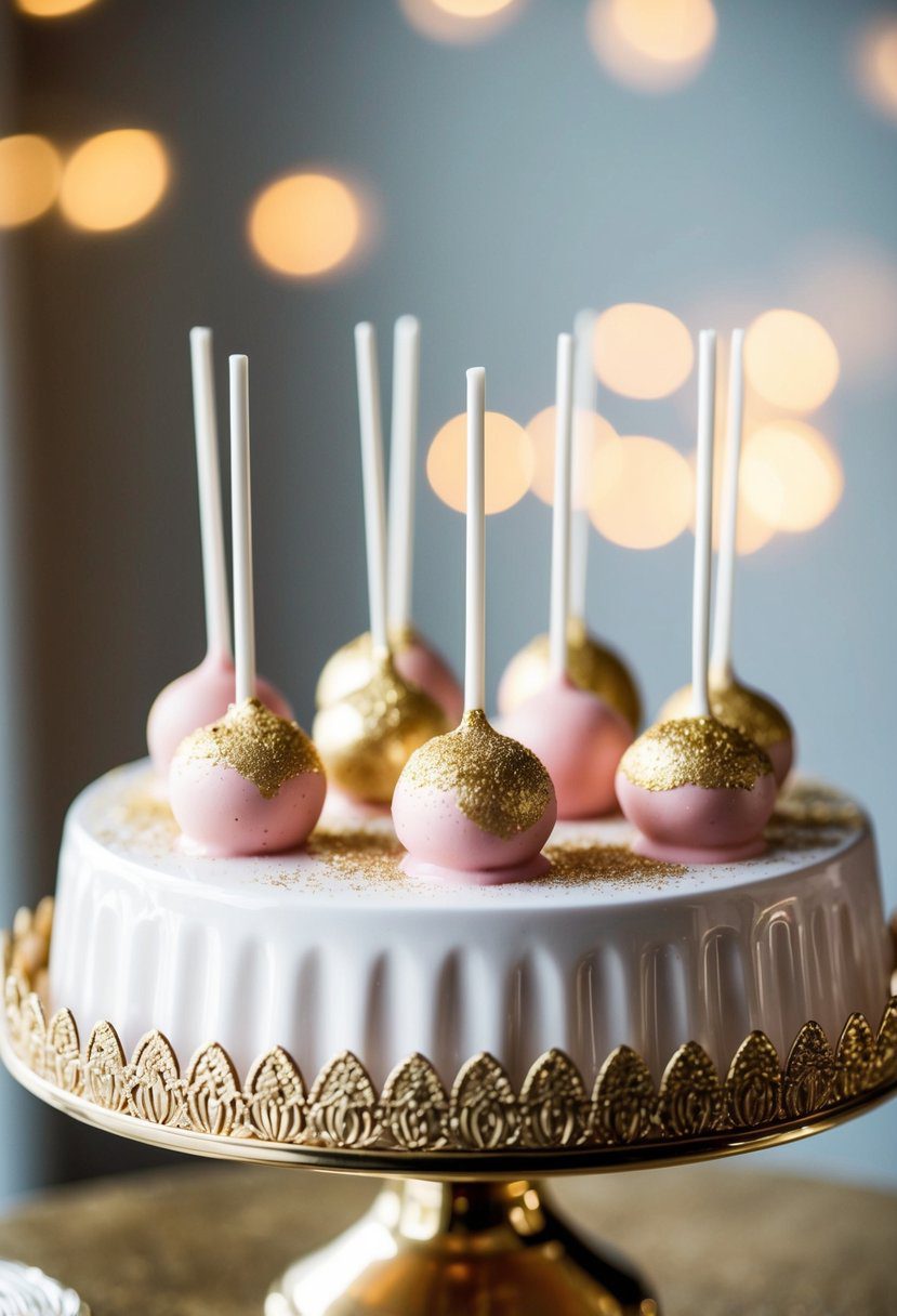 Pink champagne cake pops dusted with gold, arranged on a decorative platter