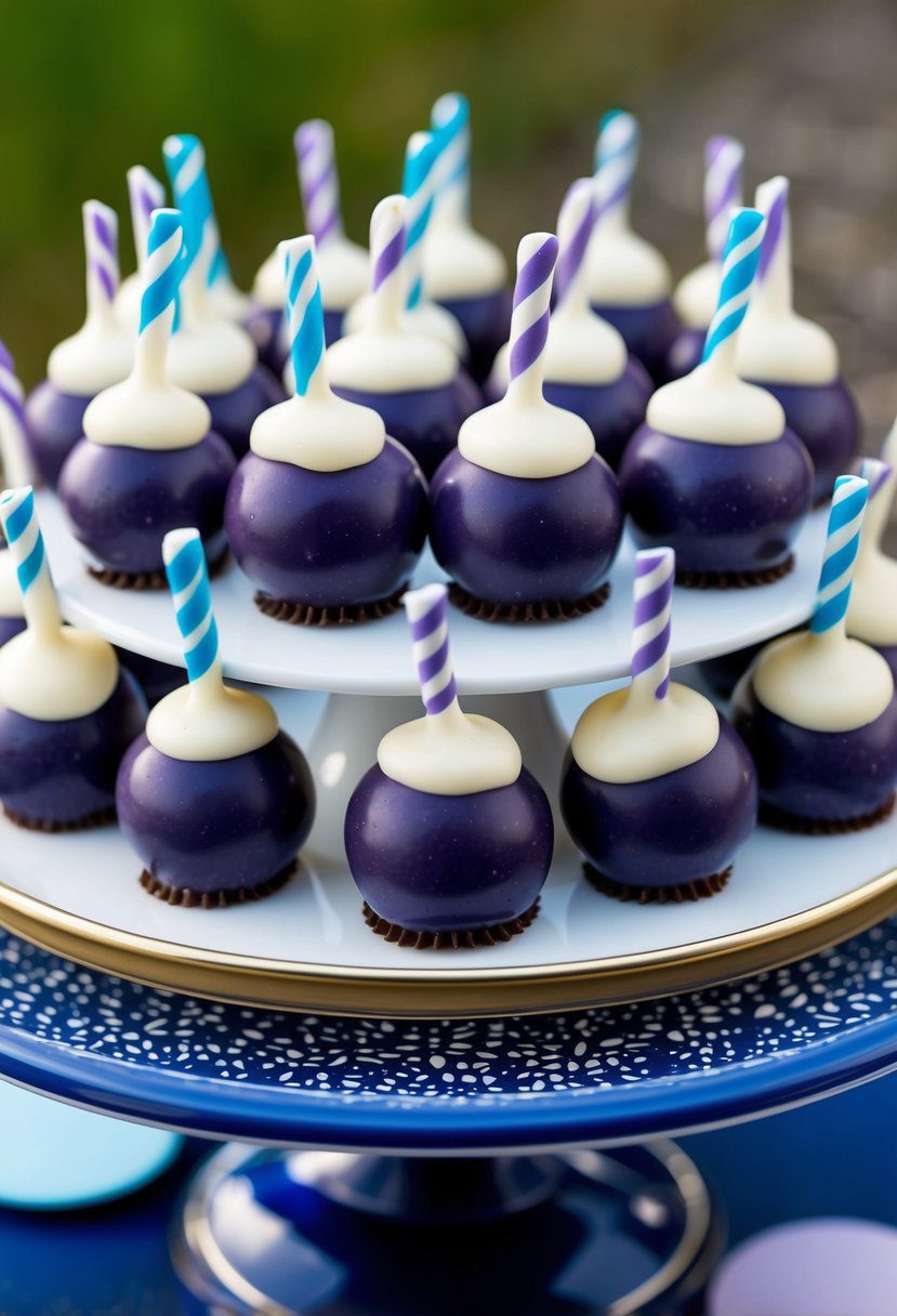 A platter of blueberry cheesecake cake pops with cream cheese coating, arranged in a creative display for a gender reveal celebration