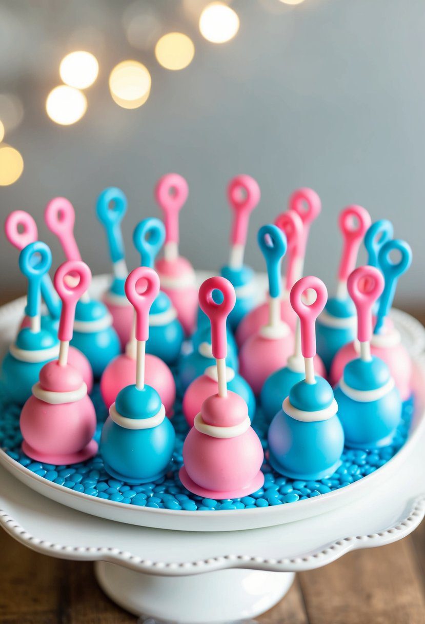 Cake pops in pink and blue, designed as pacifiers, arranged on a decorative platter for a gender reveal celebration