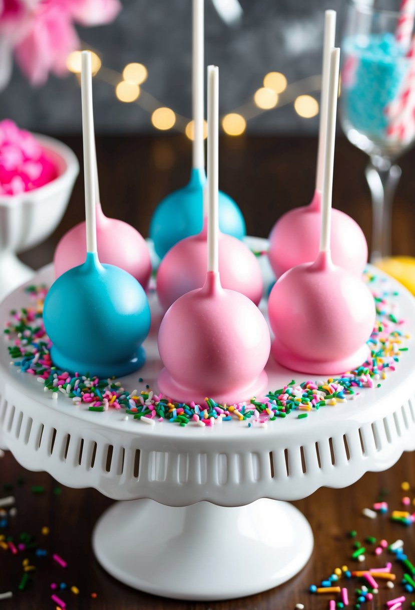 Two-tone cake pops arranged on a white serving platter, with half pink and half blue coating, surrounded by decorative sprinkles and presented in a festive and inviting setting