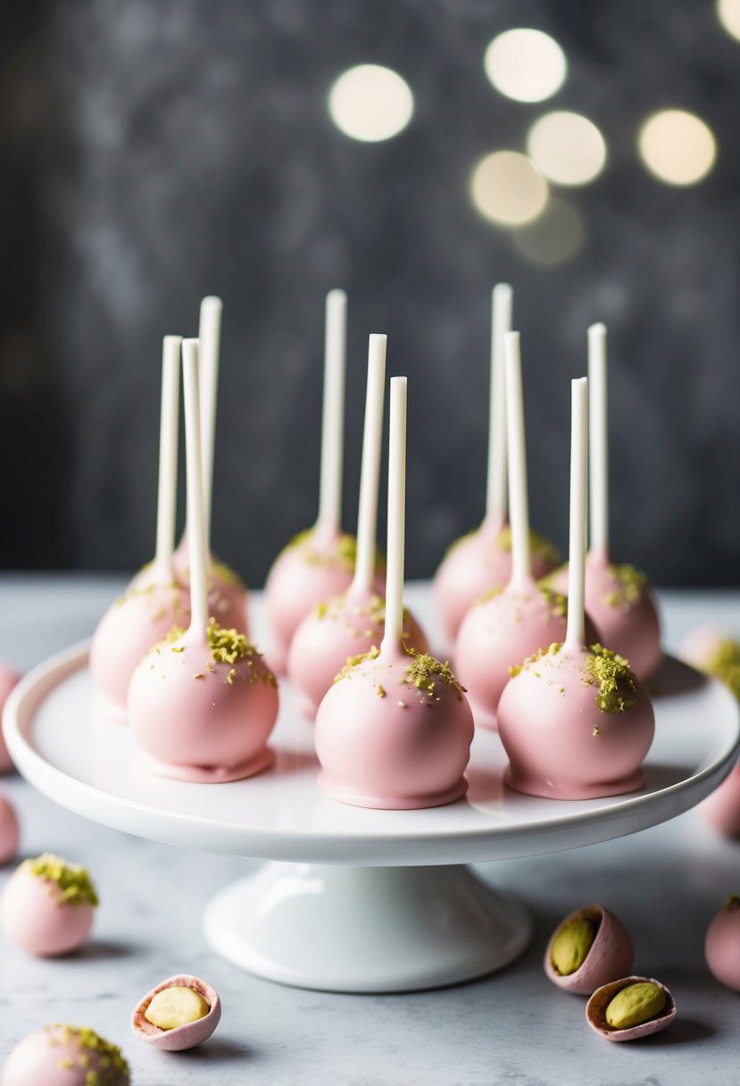 Pink pistachio cake pops arranged on a white platter with a delicate white chocolate shell