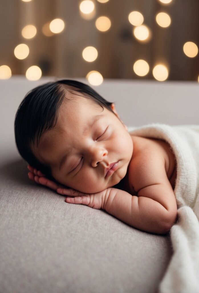 A newborn baby girl peacefully sleeps on a soft, cloud-like bed surrounded by delicate angel wings and twinkling stars