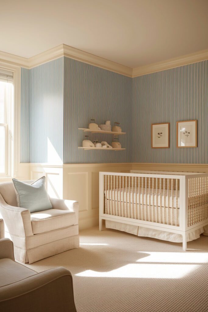 A cozy nursery with blue and white striped wallpaper, a rocking chair, a crib with matching bedding, and a shelf filled with baby essentials