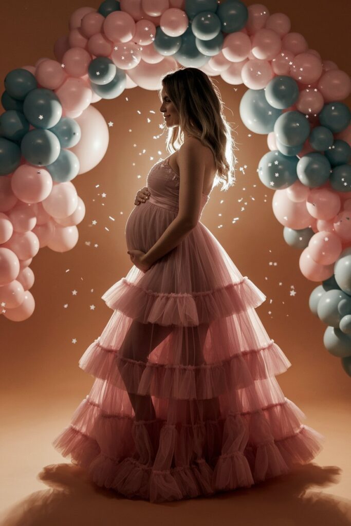 A mother stands gracefully in a soft pink tulle skirt dress, her silhouette glowing under warm, ambient lighting.