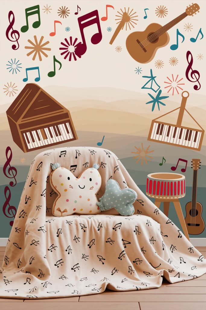 A colorful nursery with musical instrument decor, including a mobile with hanging instruments, a toy piano, and a wall mural of musical notes and instruments