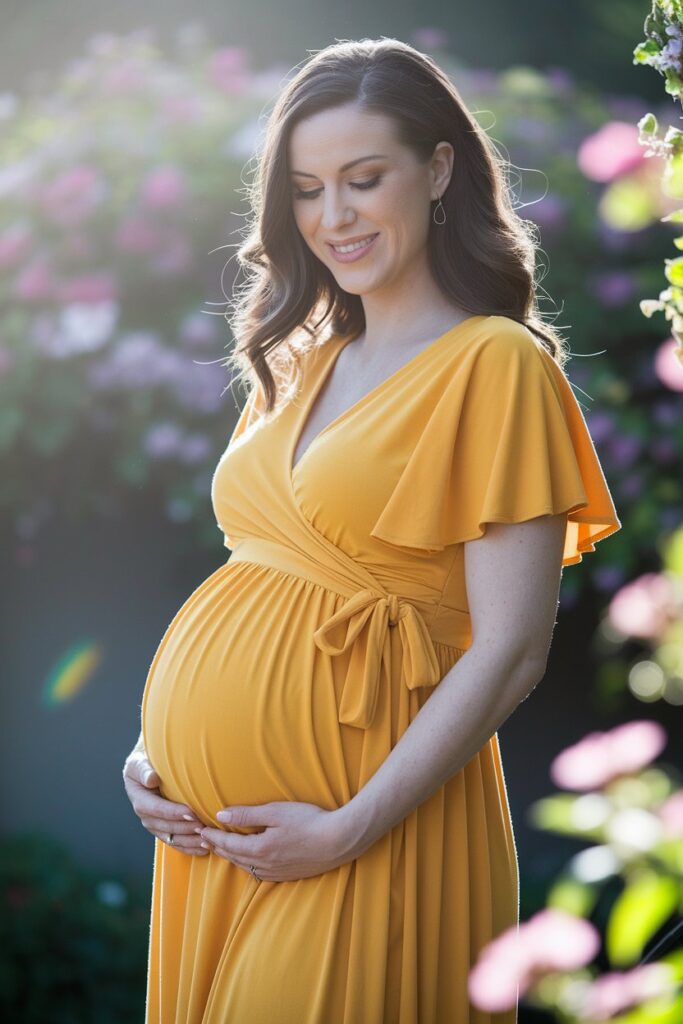 A glowing mother-to-be stands gracefully in a bright yellow wrap maternity dress, her gentle curve beautifully accentuated by the V-neck design that effortlessly adapts to her growing belly.