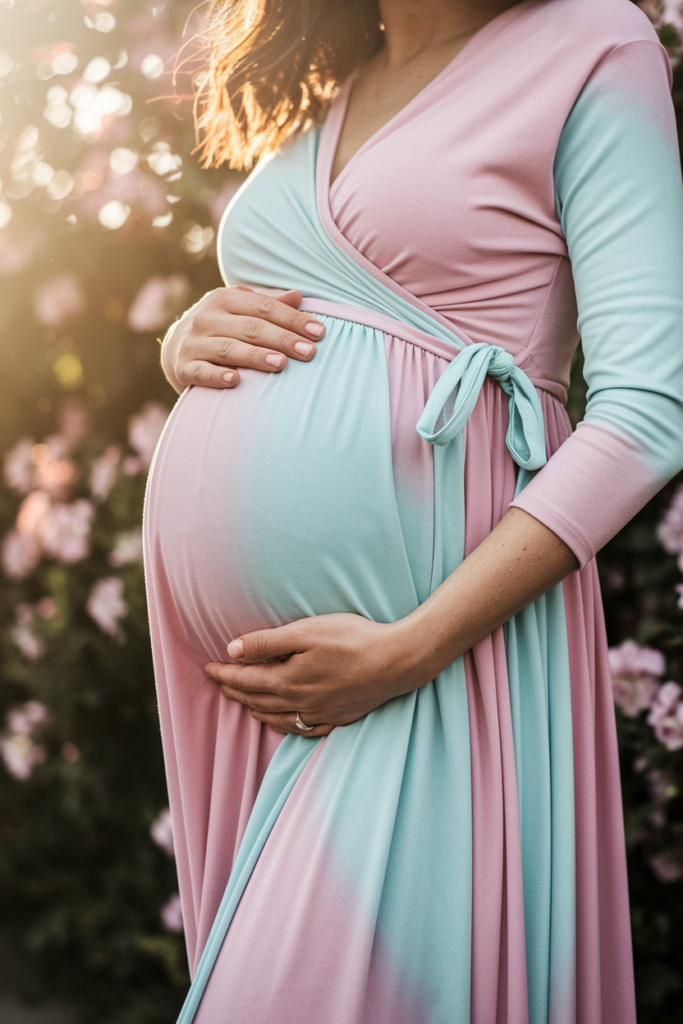 A pregnant woman wearing a pink and blue ombre maternity maxi dress, standing in a garden surrounded by blooming flowers