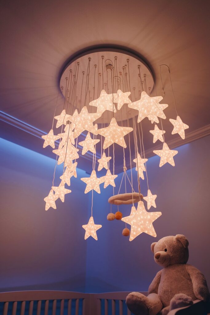 In a softly lit nursery, a cluster of glow-in-the-dark
stars adorns the ceiling, casting a gentle, ethereal light that transforms the room into a celestial wonderland. Each star emits a soft, warm glow, creating an enchanting atmosphere that seems to dance with magic.