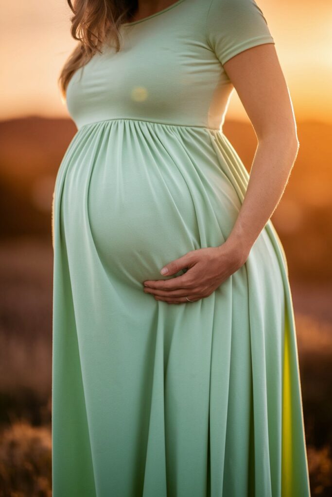 A softly glowing, mint green maternity dress hangs gracefully against a warm sunset backdrop, highlighting its elegant design and comfortable fit.