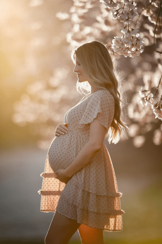 A sunny outdoor baby shower with a table set with gifts and a beautifully decorated cake. The mother-to-be is wearing a stylish ruffled maternity dress in a garden setting