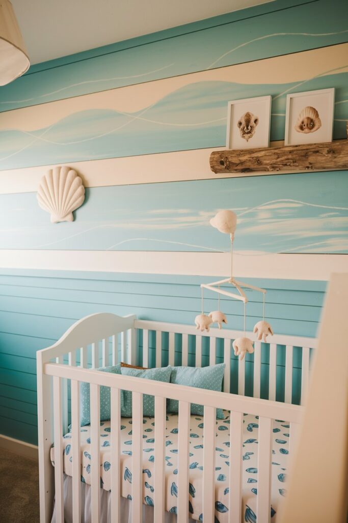 In a softly lit coastal nursery, the walls are painted in soothing shades of soft blue and sandy brown, complemented by crisp white accents. Shell-shaped wall art and delicate sand patterns bring the serene beauty of the ocean inside.