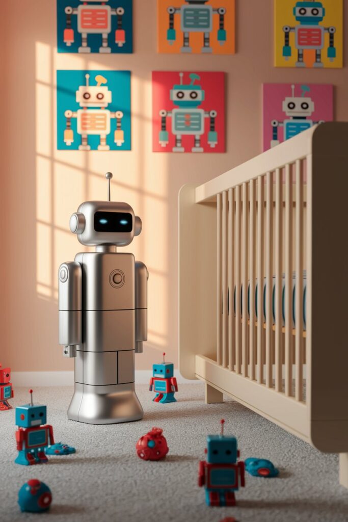 In a warmly lit nursery, a sleek, metallic robot stands sentinel near a cozy crib, its clean lines and simple shapes forming a modern silhouette against the soft, pastel walls. The room is adorned with vibrant robot toys scattered playfully around, and bold, digital art prints featuring whimsical robots hang above, casting colorful shadows.