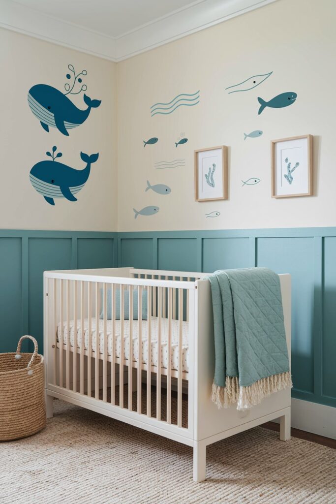 A cozy ocean-themed nursery with a crib, sea creature mobile, and wave-patterned rug. Blue and green accents create a calming atmosphere