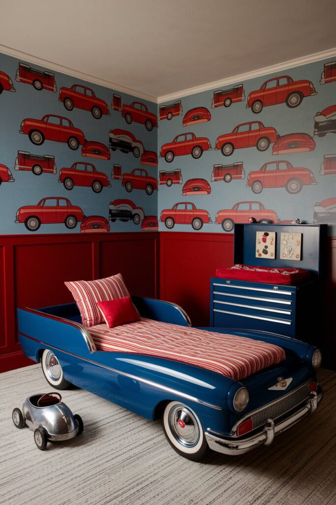 A vintage car-themed nursery with blue and white decor, a crib, and toy cars scattered around the room