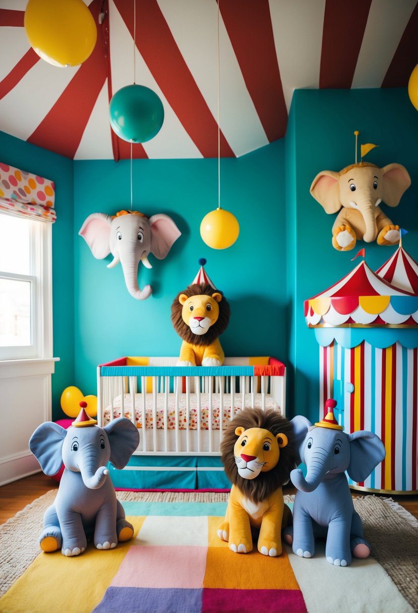 A playful circus-themed nursery with adorable elephants and lions in a colorful and whimsical setting