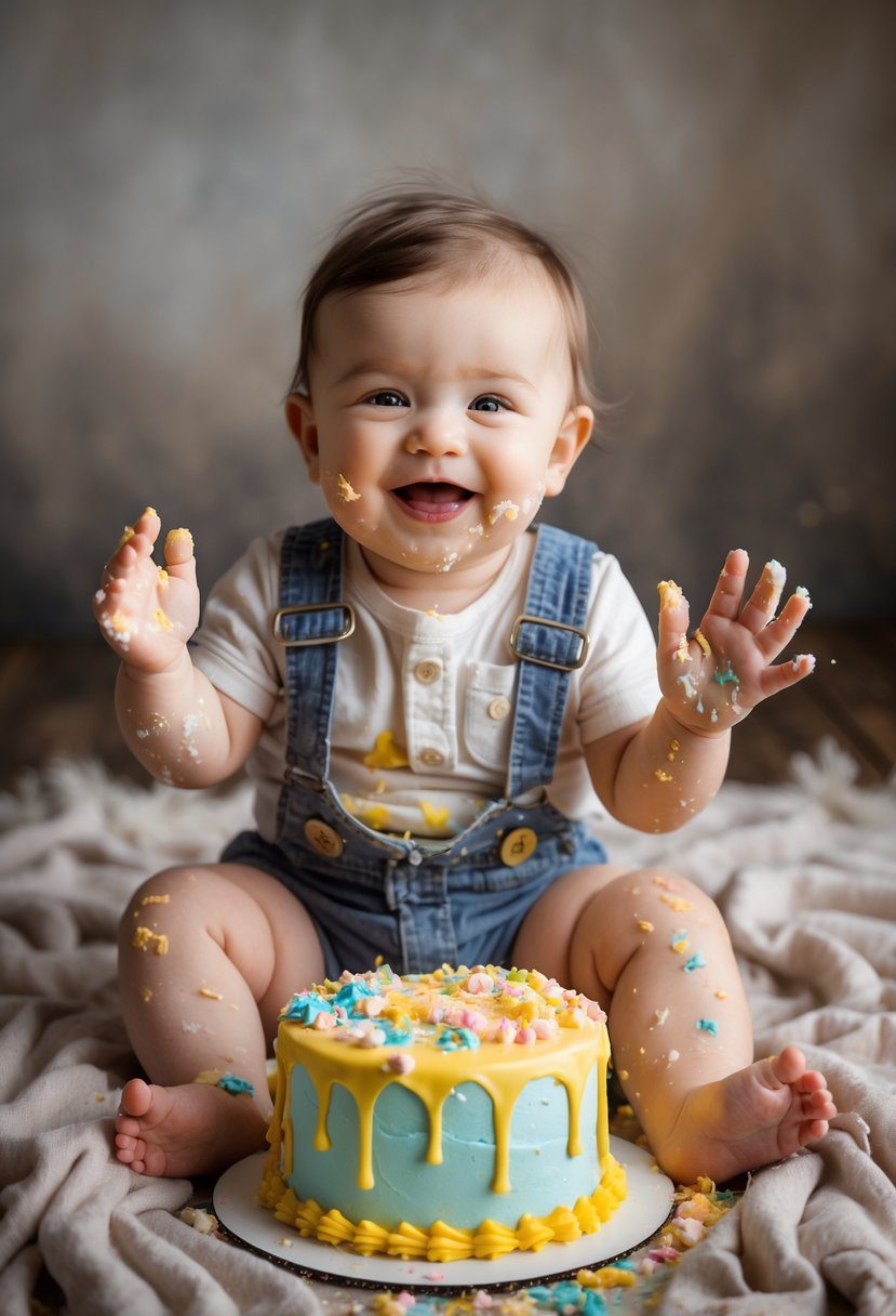 A baby sitting on a blanket with a partially smashed cake, smiling with frosting on their hands and face.