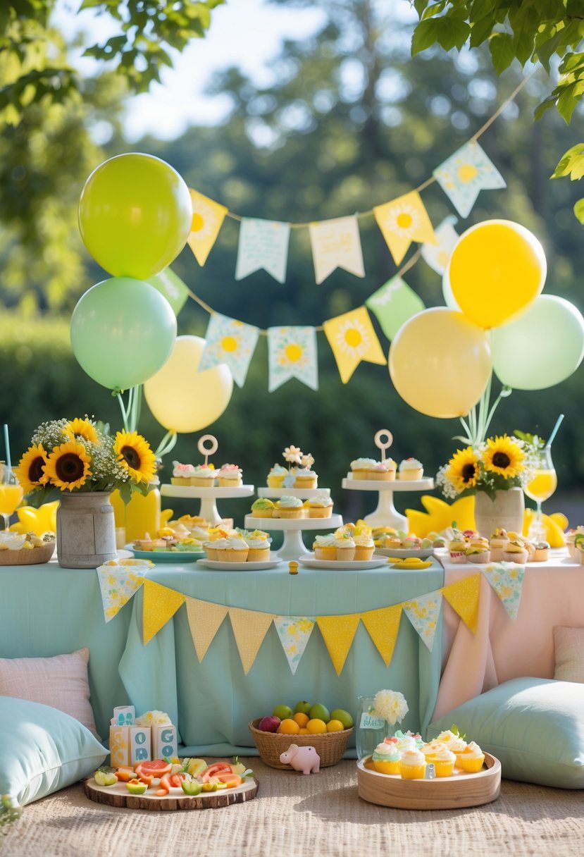 A decorated outdoor baby shower table with summer flowers, pastel decorations, food platters, and balloons under sunlight.