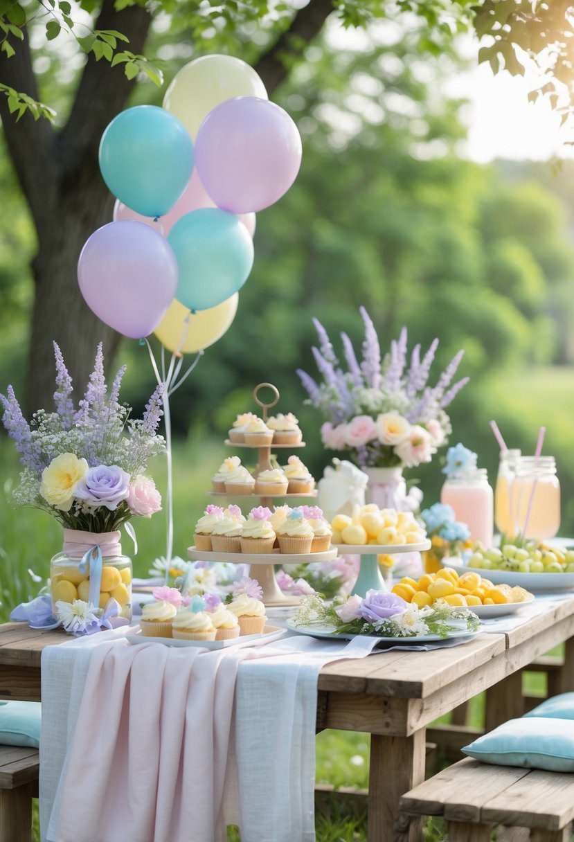 An outdoor baby shower setup with pastel wildflower decorations, a wooden table with floral centerpieces, balloons, and summer-themed food under soft sunlight.