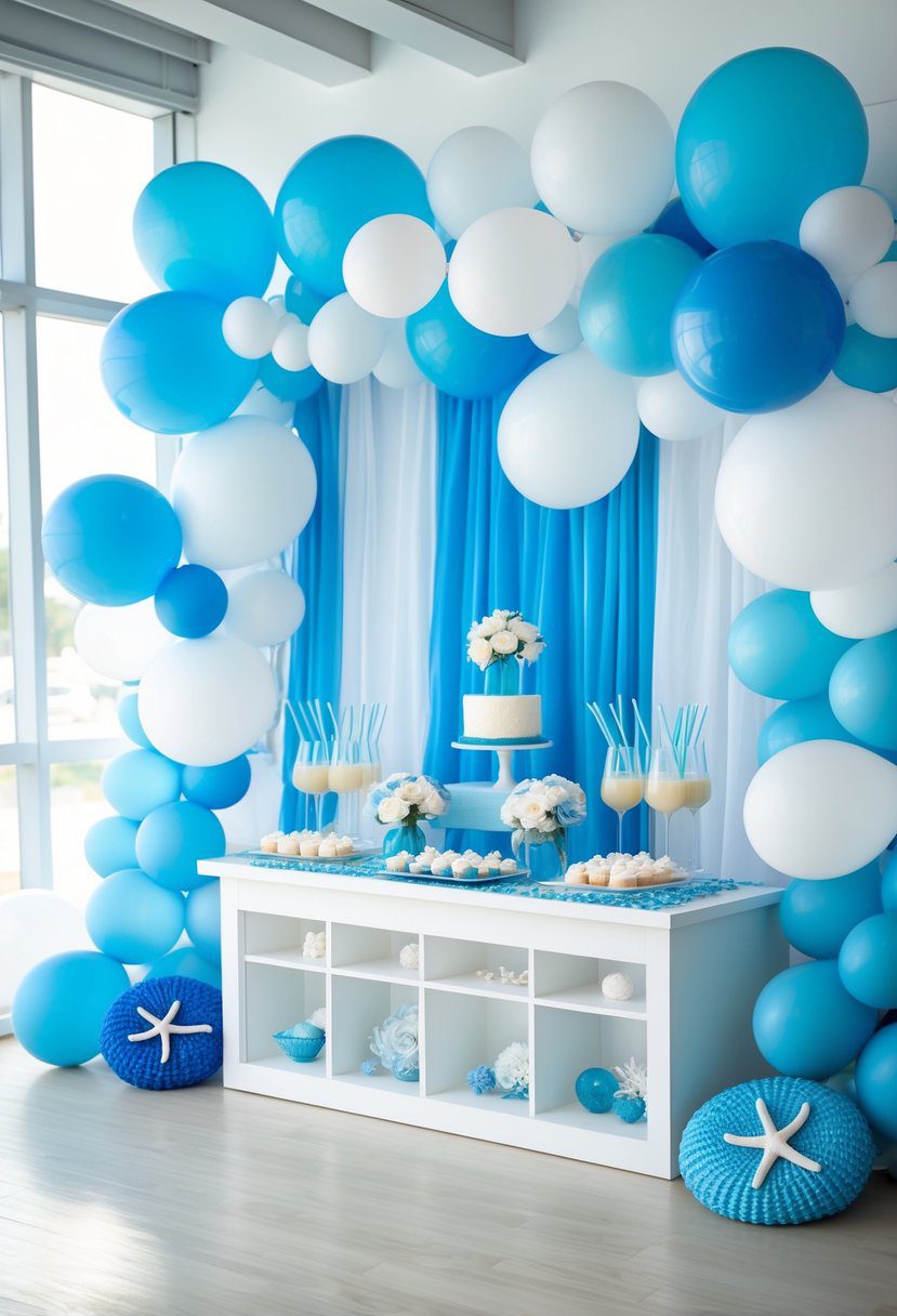 A decorated baby shower setup with blue and white water-themed decorations, balloons, a dessert table with blue and white treats, and summer-inspired accents.
