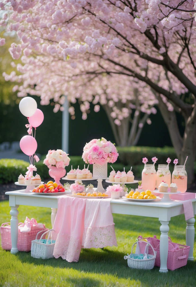 An outdoor garden baby shower decorated with pink and pastel flowers, balloons, and a table set with summer-themed foods and drinks.