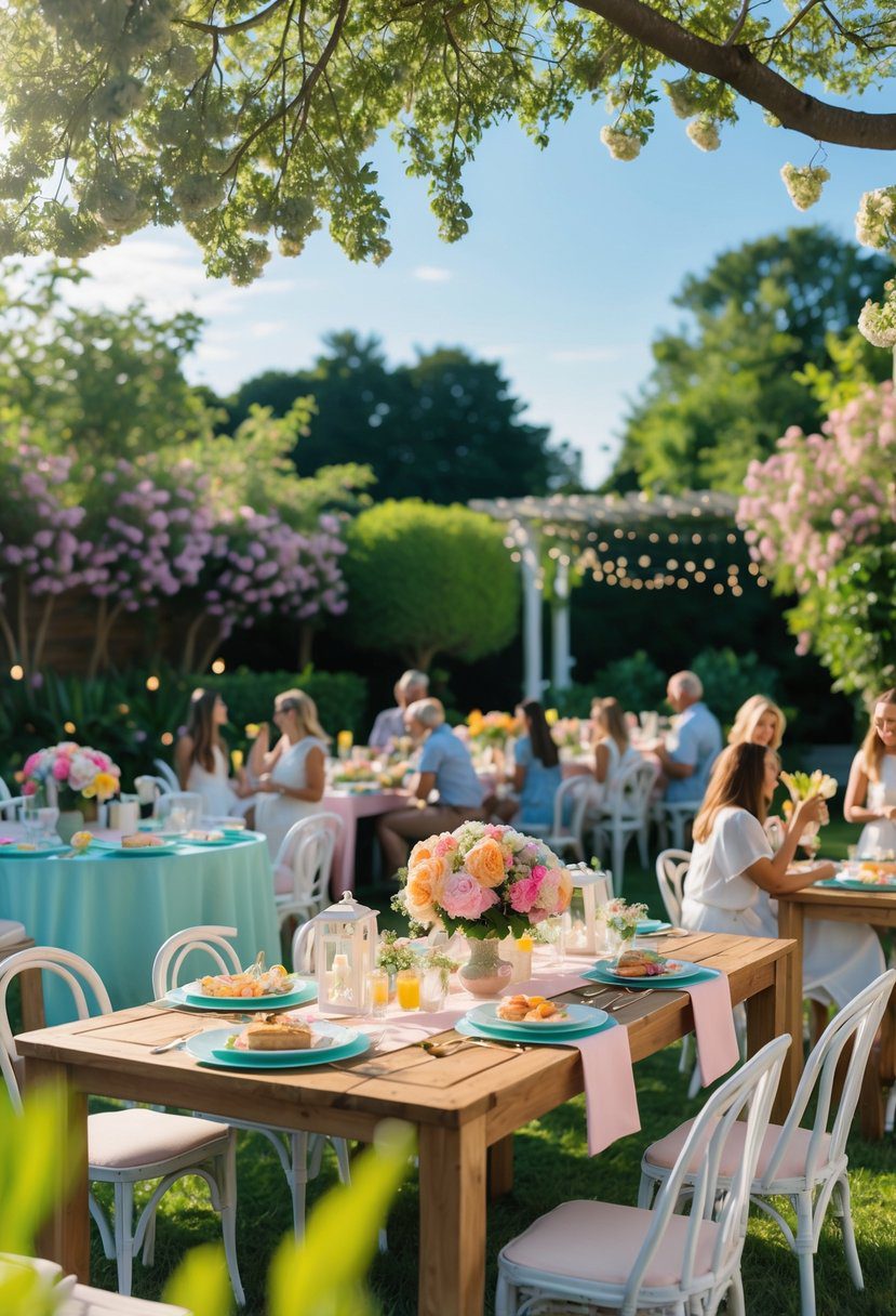 Outdoor garden party with tables decorated with floral centerpieces and guests enjoying a summer baby shower celebration.