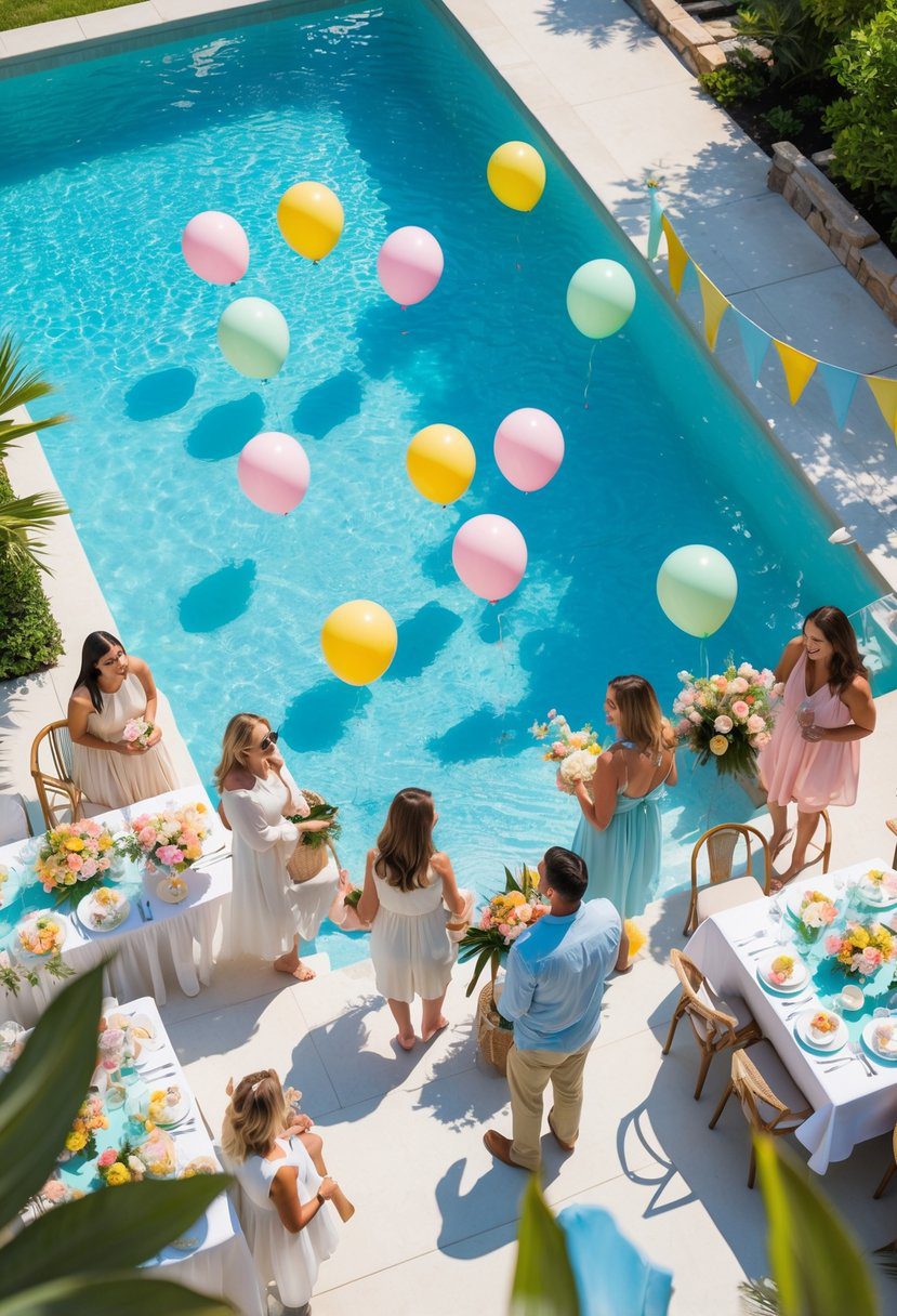 A poolside baby shower with floating balloons on the water and guests enjoying summer-themed decorations and refreshments.