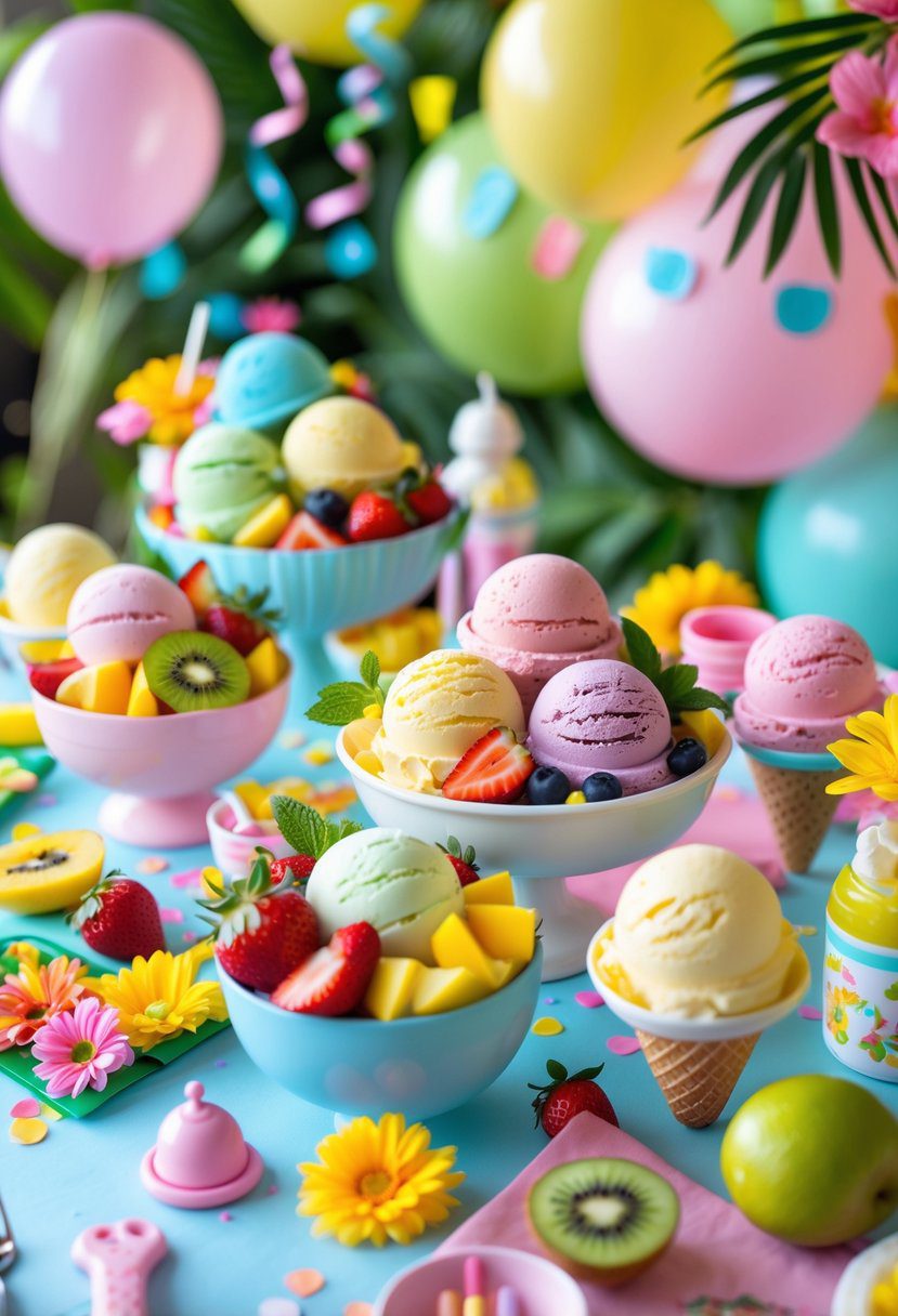 A colorful summer baby shower table decorated with fruity ice cream scoops, fresh fruit, balloons, and festive decorations.