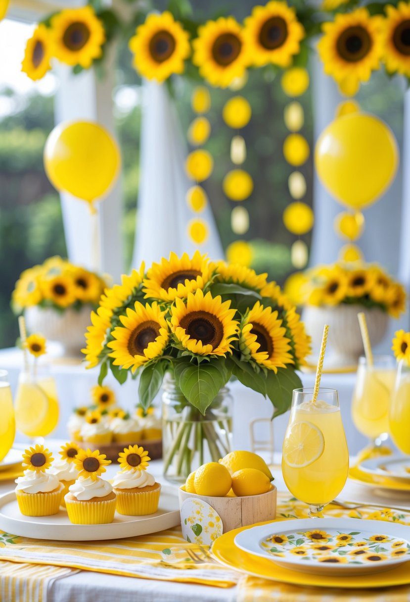 A summer baby shower setup with sunflower decorations, yellow balloons, a decorated table with sunflower centerpieces, and summer-themed treats.