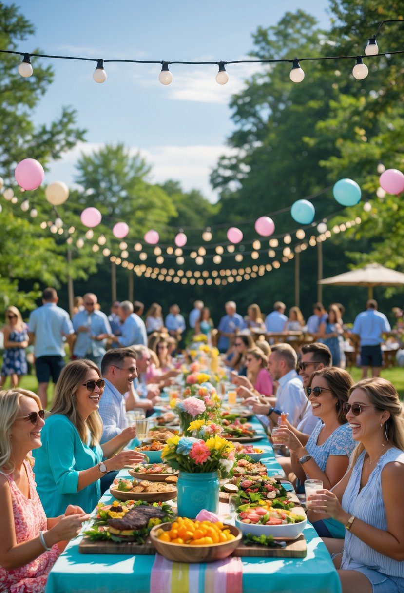 Outdoor baby shower with guests seated at picnic tables enjoying food and drinks under string lights surrounded by greenery.