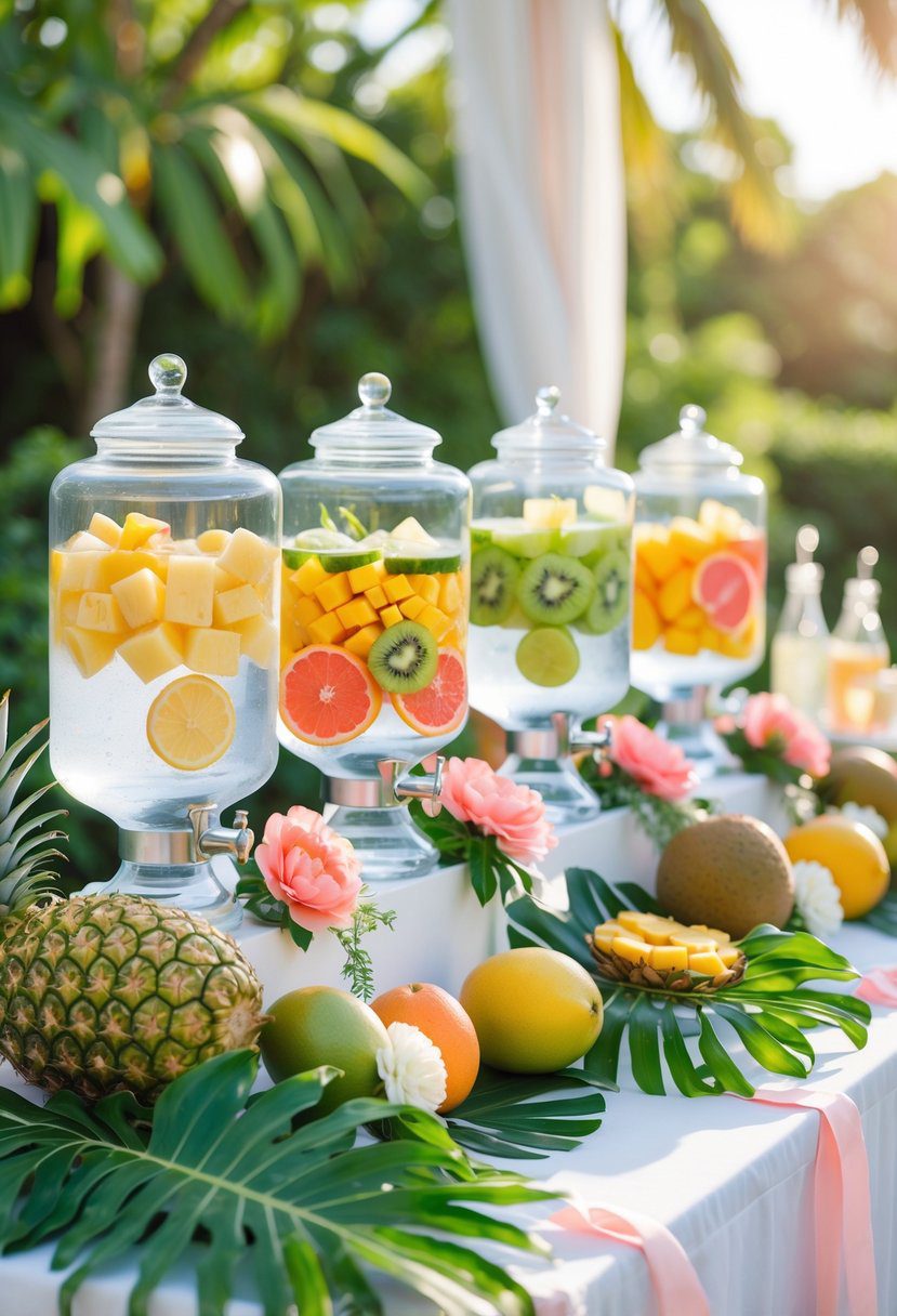 A table outdoors with glass dispensers of tropical fruit-infused water surrounded by fresh fruits and baby shower decorations.