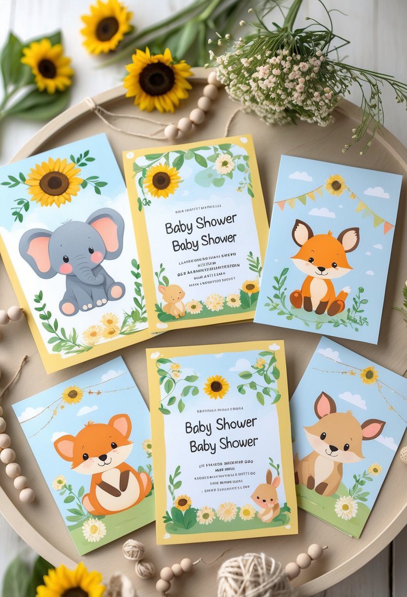 A collection of baby shower invitations featuring cute baby animals and summer-themed decorations arranged on a wooden table.
