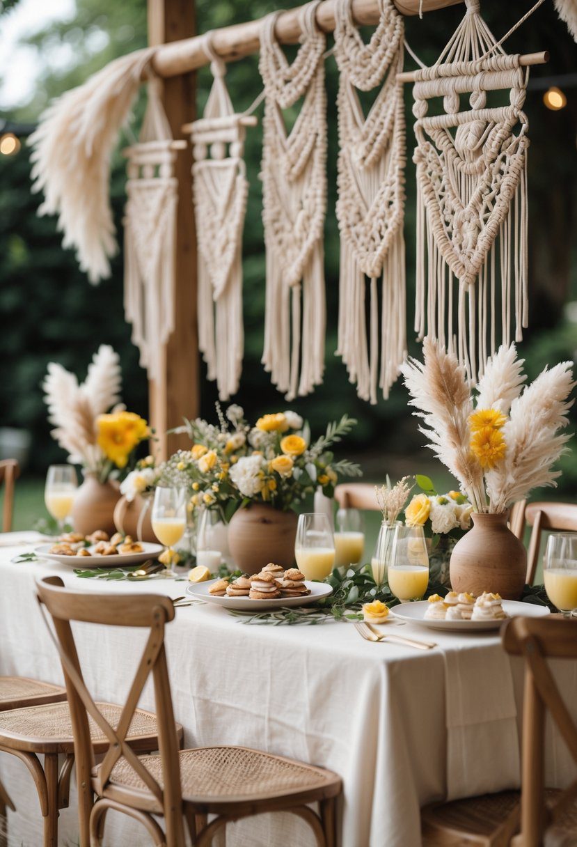 A baby shower setup with wooden furniture, macramé decorations, summer flowers, and a table with food and drinks in a bright, natural light setting.