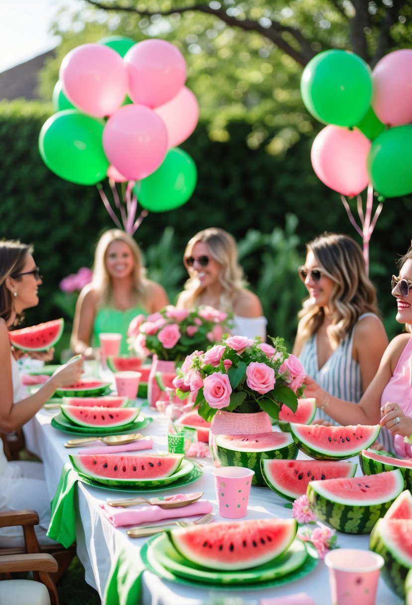 A summer baby shower party decorated with pink and green watermelon-themed decorations, including balloons, fresh watermelon slices, and floral arrangements, set outdoors with guests enjoying the celebration.