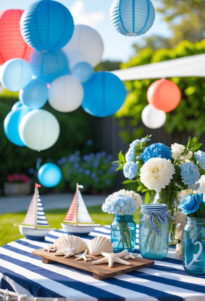 Outdoor summer baby shower setup with nautical decorations including anchors, sailor stripes, balloons, flowers, and small sailboats on a decorated table in a sunny garden.