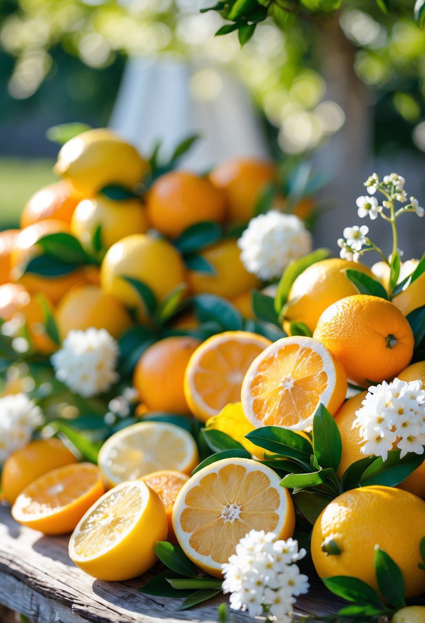An arrangement of fresh lemons and oranges with green leaves and white flowers on a wooden table, creating a bright and cheerful summer baby shower scene.