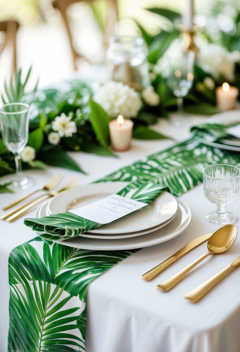 A table set for a baby shower with tropical palm leaf table runners and napkins, white plates, gold cutlery, and glassware, decorated with small white flowers and candles.