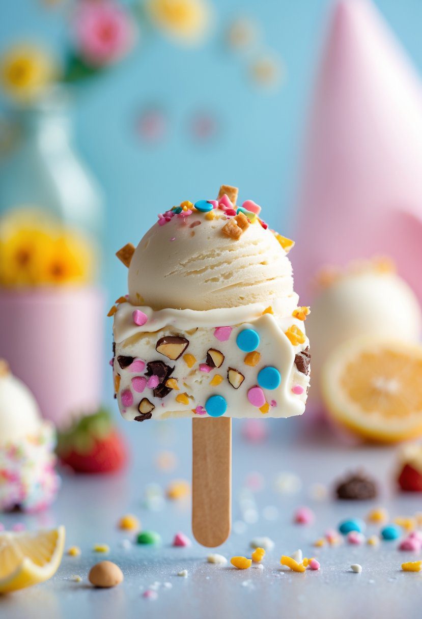 Close-up of a colorful ice cream bar with various toppings on a stick against a soft, summery background.