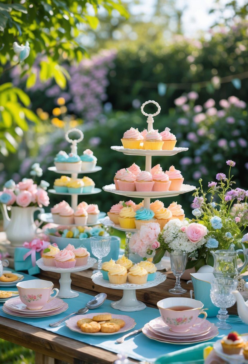 Outdoor garden tea party with pastel cupcakes on a decorated wooden table surrounded by flowers and greenery.
