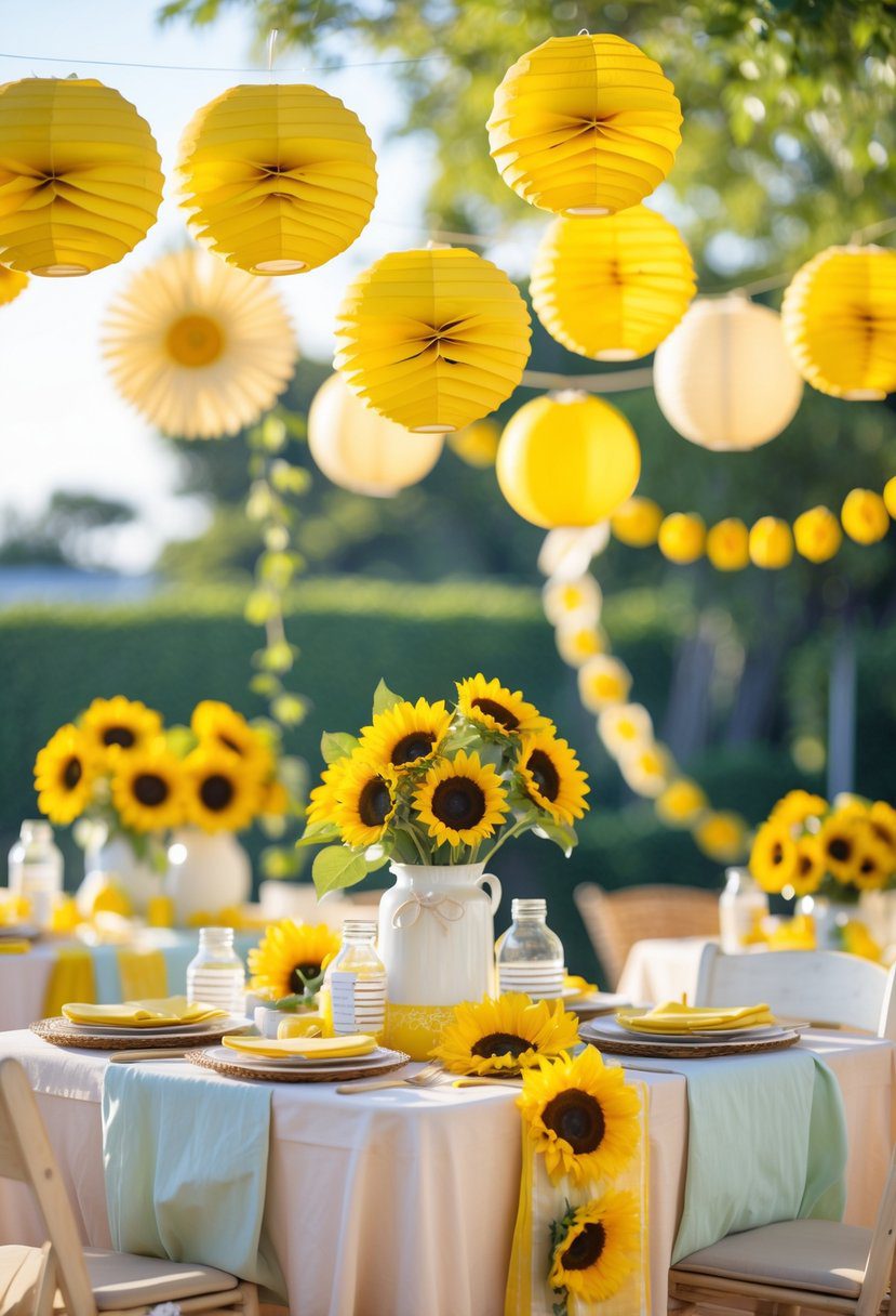 Outdoor baby shower decorated with bright yellow sunflower paper lanterns and garlands, surrounded by greenery and sunlight.