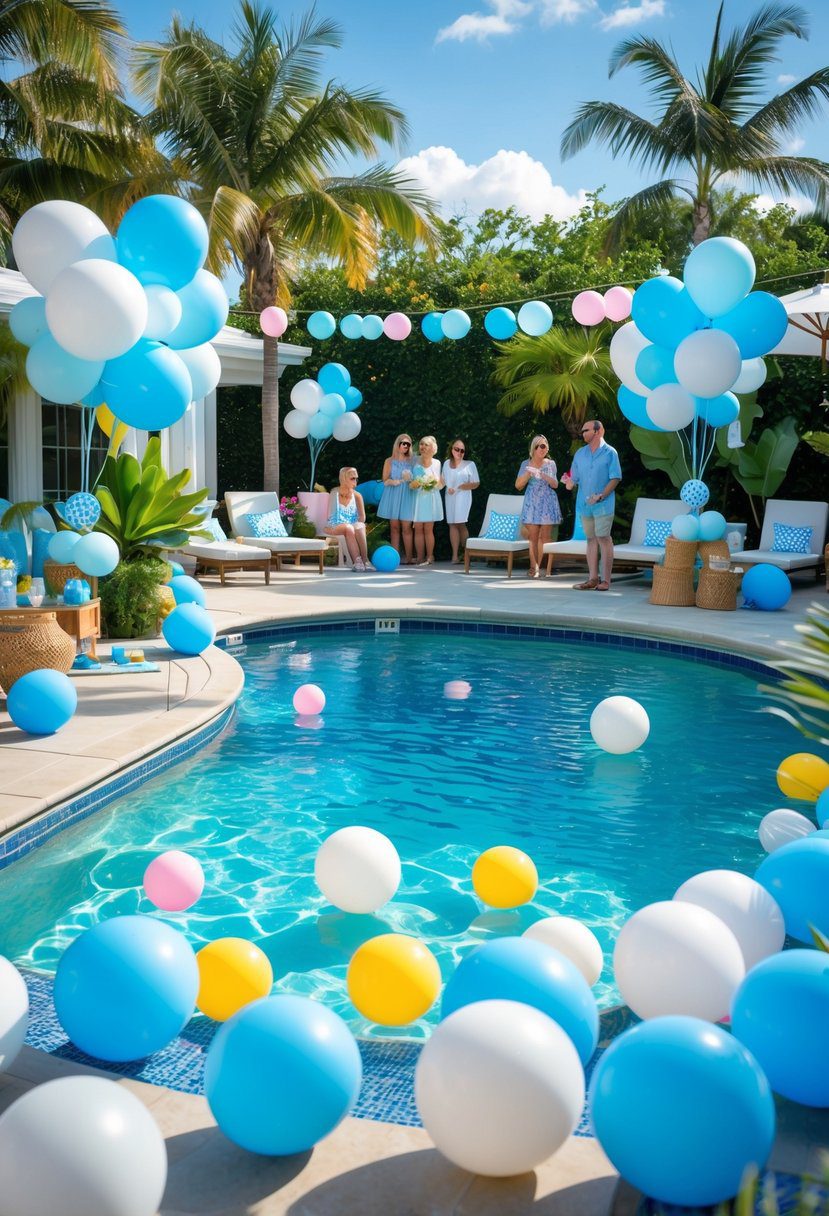 A pool party with blue and white balloons and colorful beach balls, surrounded by guests enjoying a summer baby shower celebration.