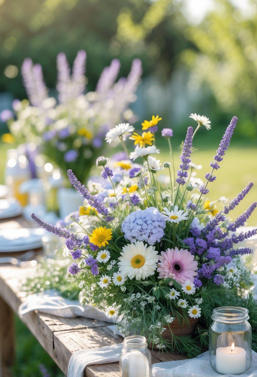 A summer baby shower table decorated with lavender and wildflower floral arrangements and rustic decor in an outdoor garden setting.