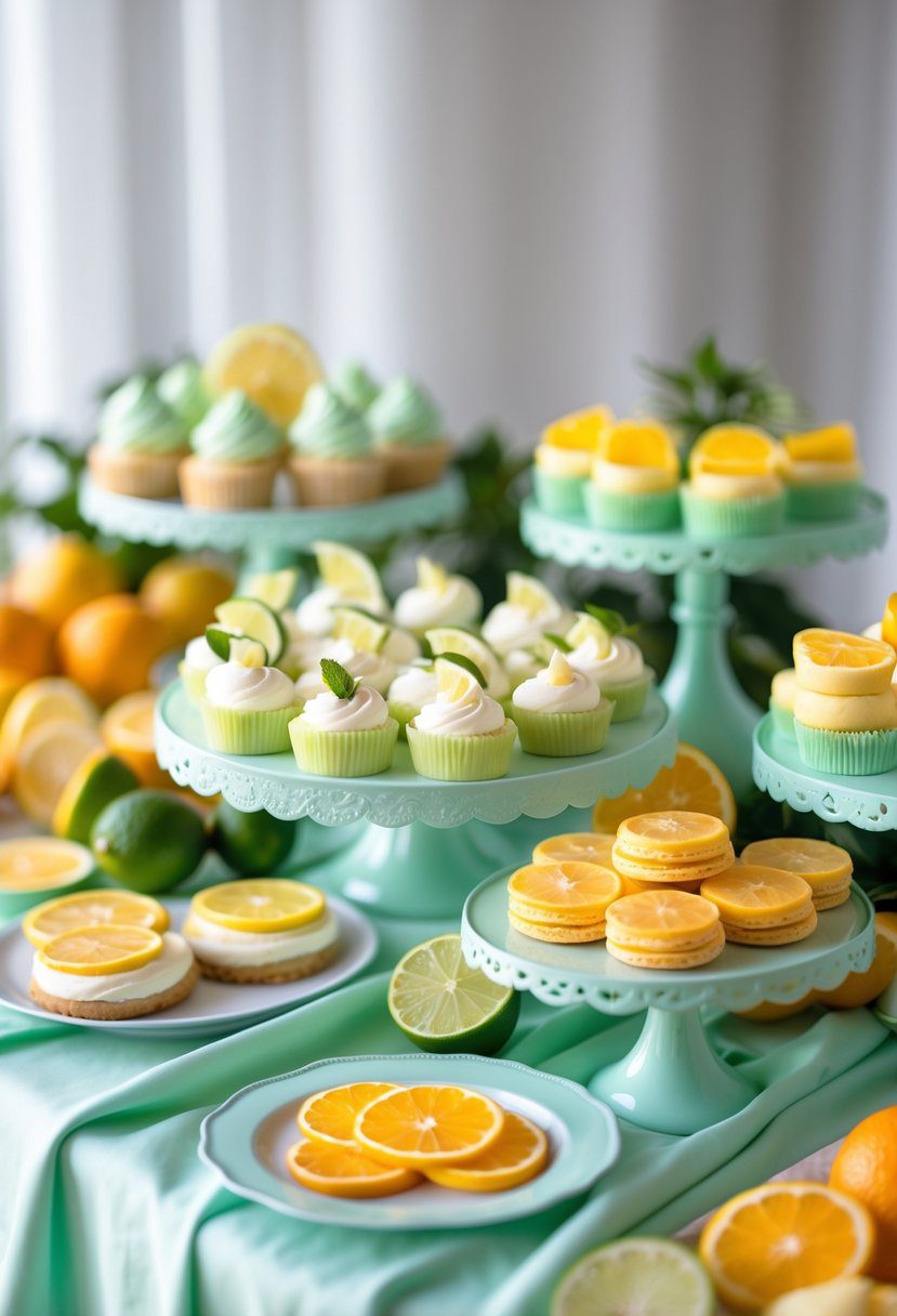 A dessert table with mint-colored decor featuring various citrus-flavored treats and fresh citrus fruits arranged on it.