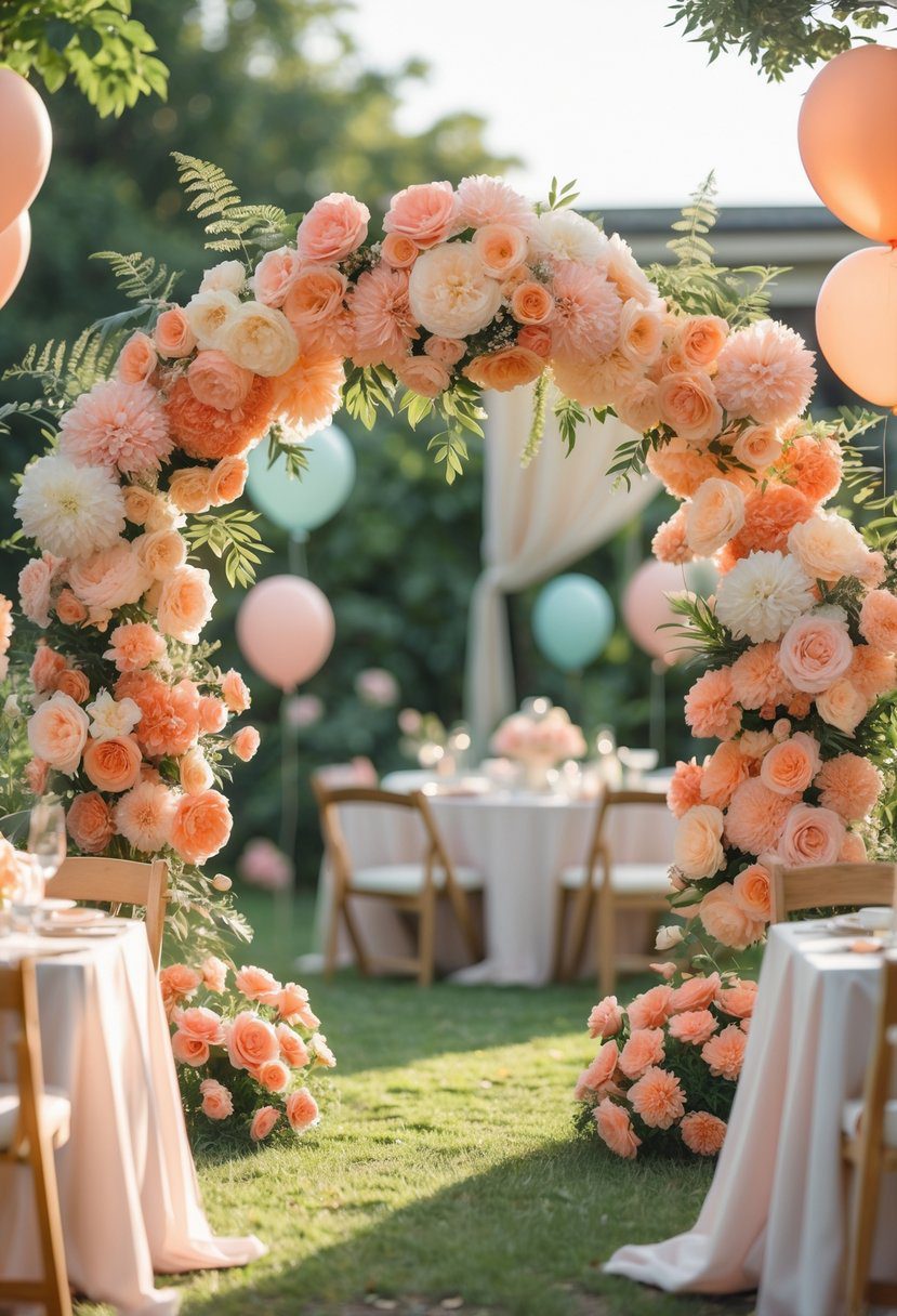 A floral arch decorated with peach and coral flowers at an outdoor baby shower celebration.