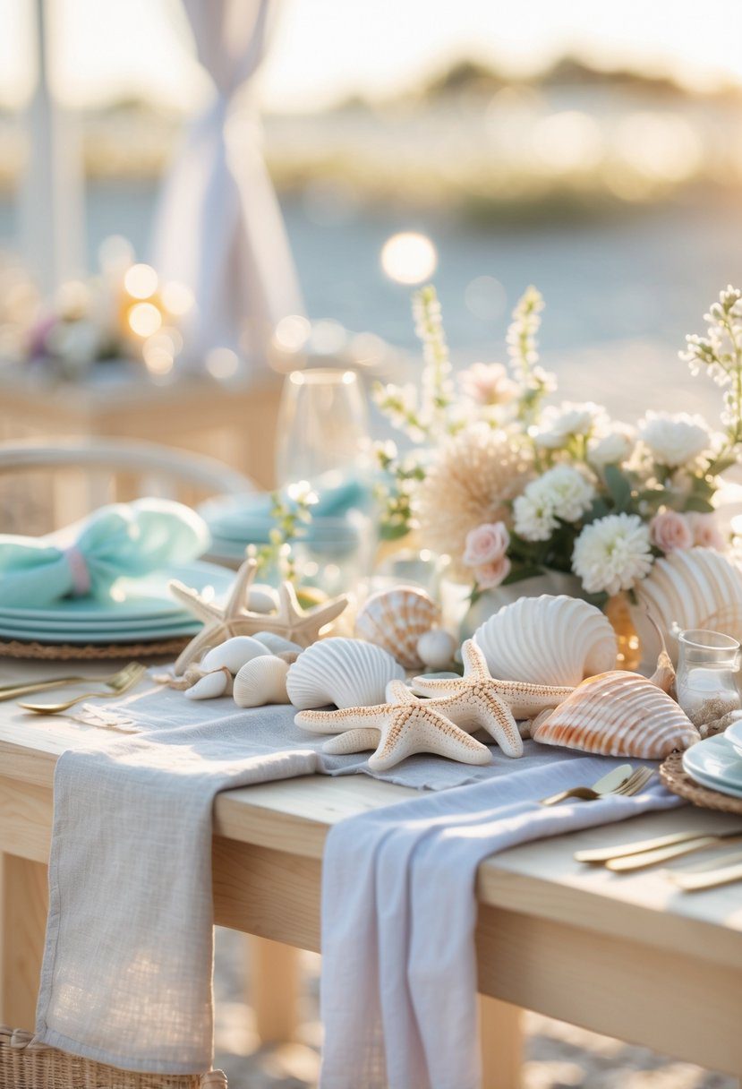 A table decorated with seashells and starfish for a beach-themed baby shower celebration.