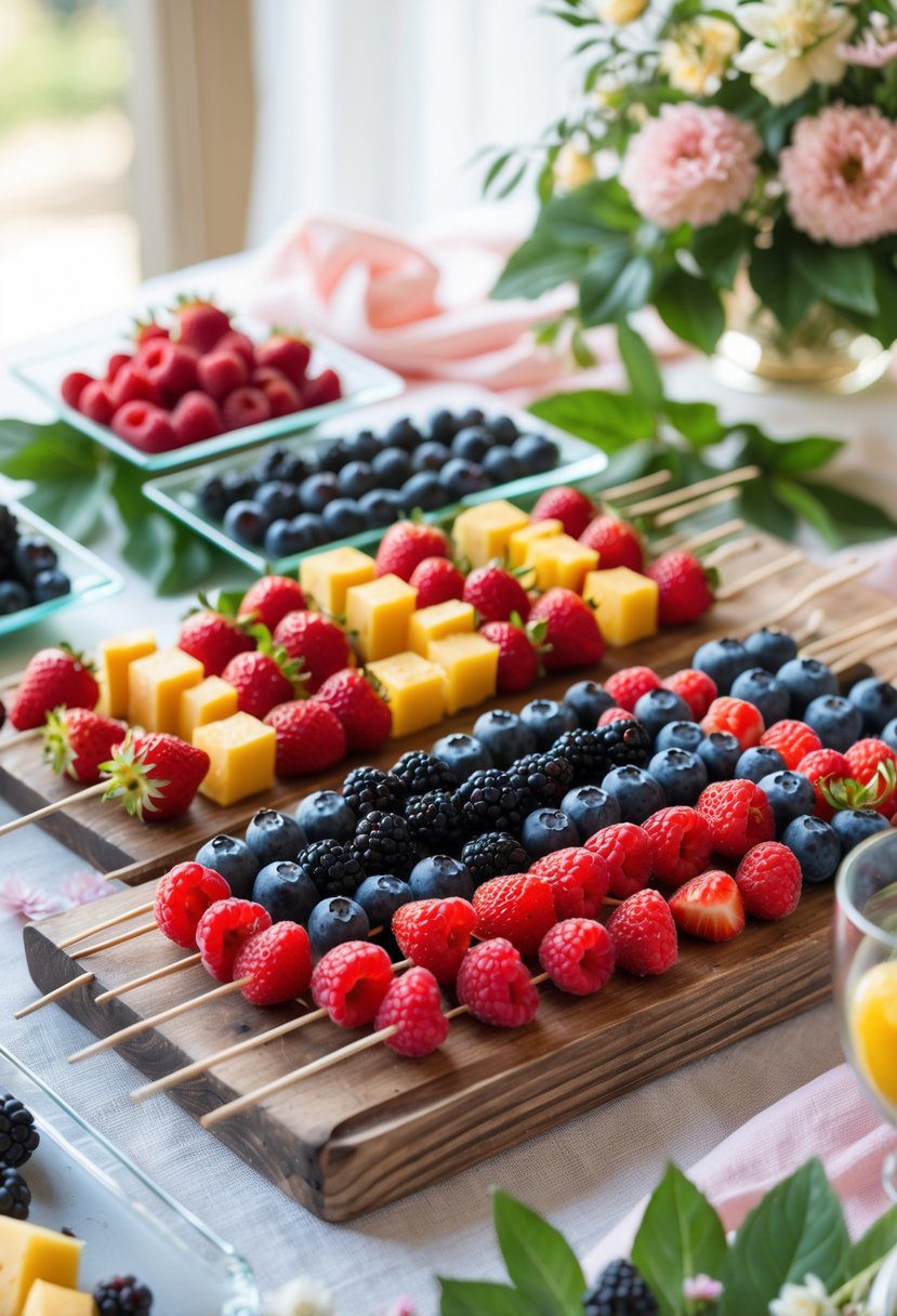 A table with skewers of seasonal berries arranged for a summer baby shower celebration.