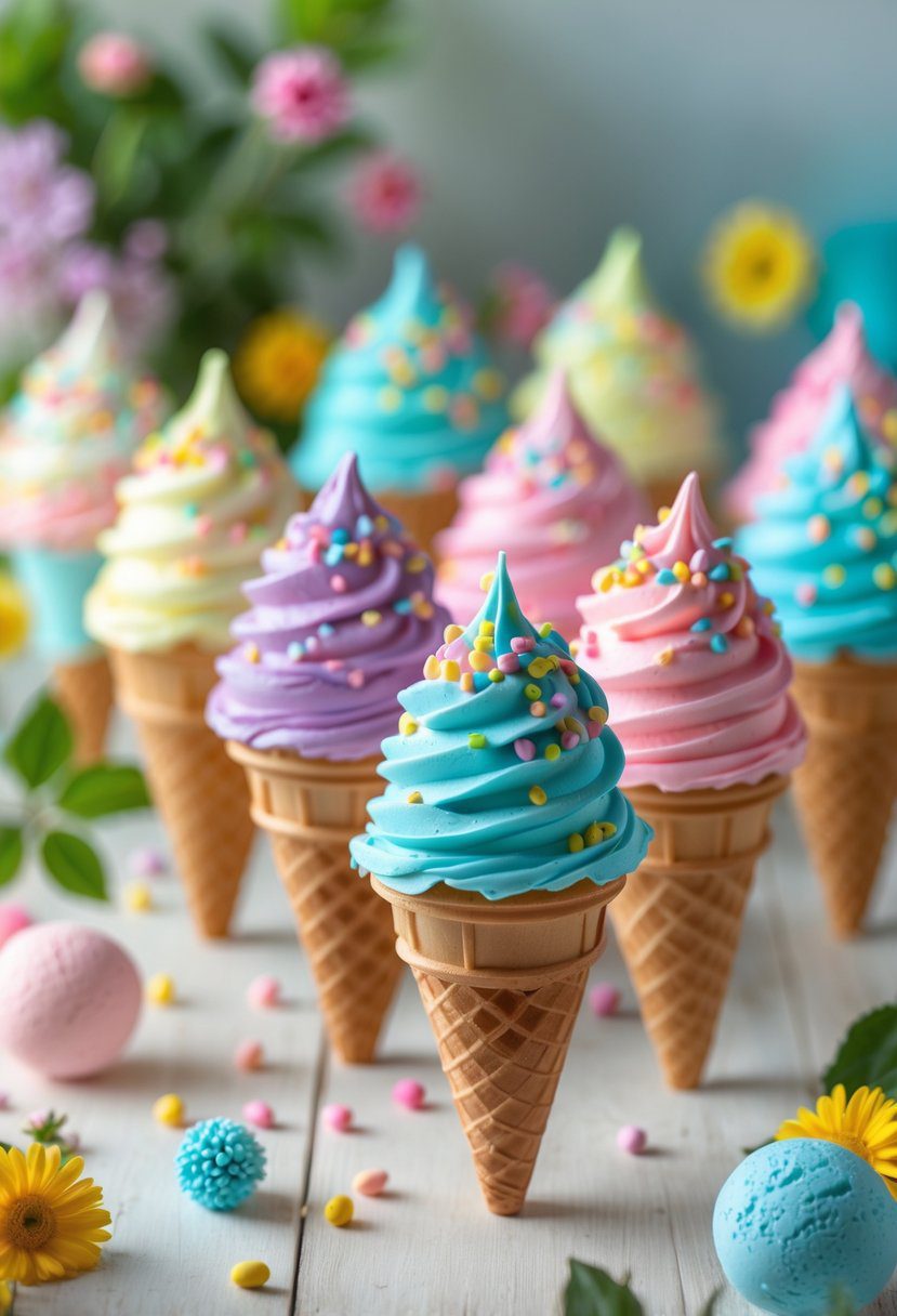 A group of ice cream cone party favors filled with colorful sprinkles arranged on a wooden table with summer-themed decorations.