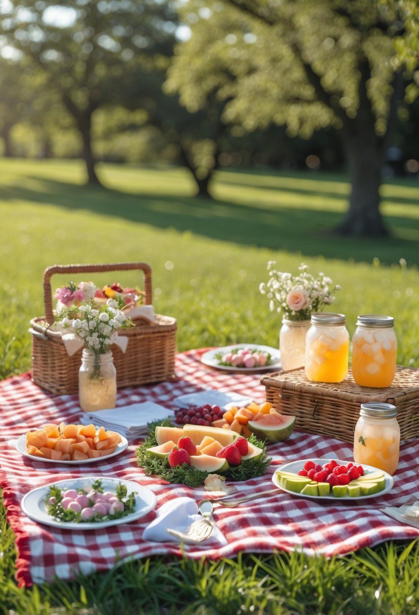 A rustic picnic setup with gingham blankets, picnic baskets, fresh fruits, drinks, and floral decorations on green grass outdoors.