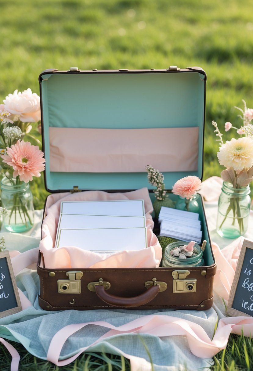 An outdoor vintage suitcase guest book station decorated with flowers, pens, and summer-themed items for a baby shower.