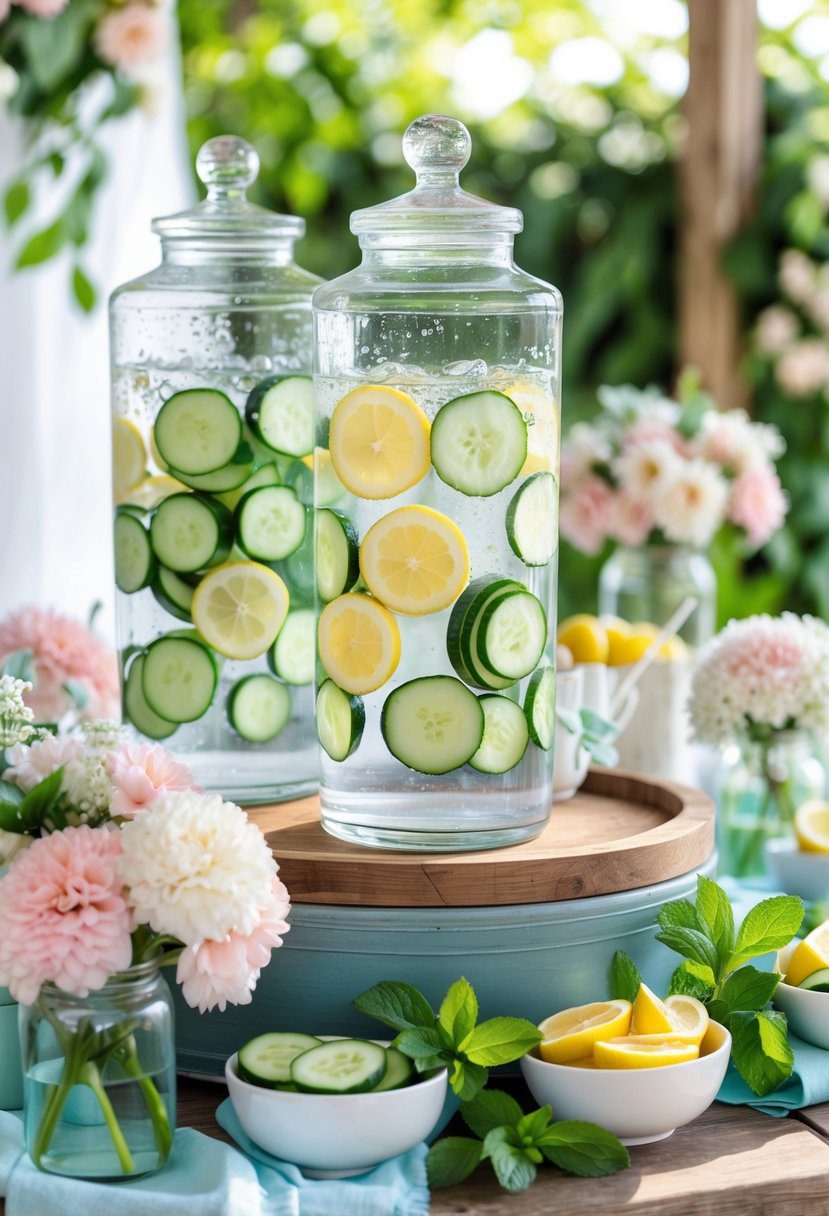 A spa water bar with glass dispensers filled with cucumber and lemon infused water, surrounded by fresh fruit slices, mint leaves, and floral decorations on a wooden table in a bright outdoor setting.